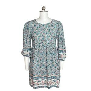 BeBop Boho Floral Babydoll Dress Womens Size S Blue Pink 3/4 Sleeve Short